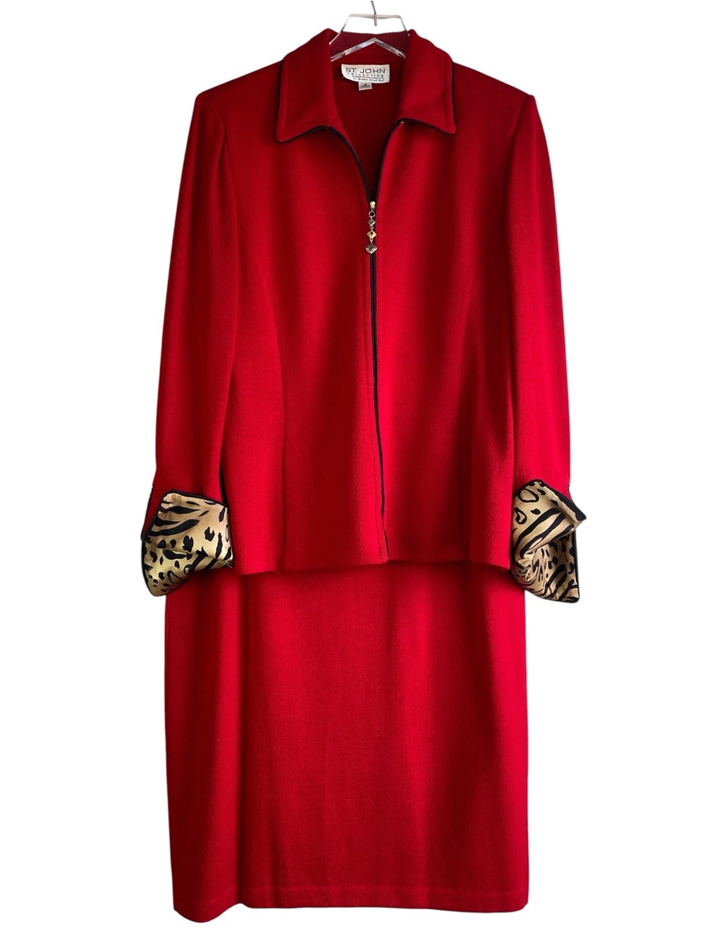 St John Collection Red Knit Skirt Suit W/Animal Print Cuffs Size 14/16
